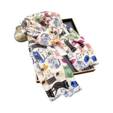 Imagem de Cachecol De Viscose Com Estampa De Gato Fofo, Xales Macios, Pashmina, 