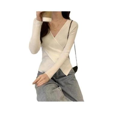 Imagem de Blusas De Tricô Femininas De Manga Longa Com Decote Em V, Casuais Para