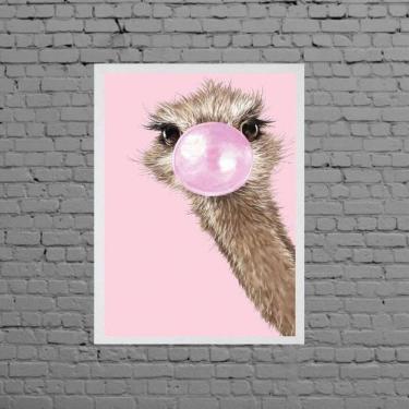 Imagem de Quadro Decorativo Avestruz Bubble Gum 33X24Cm Madeira Branca