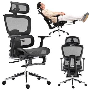 Imagem de hujusko Cadeira de escritório ergonômica de malha com apoio para os pés, cadeira de jogos de malha alta com suporte lombar, encosto de cabeça ajustável e apoios de braço para cadeira de escritório em