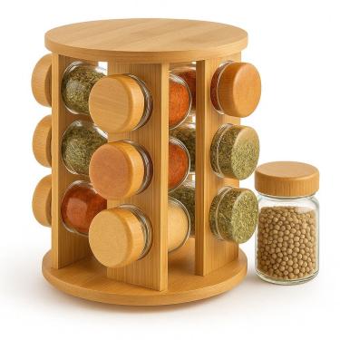 Imagem de Porta Temperos Giratório Bambu com 12 Potes de Vidro Herméticos para Organização Base 360 graus