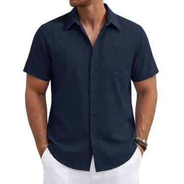 Imagem de Camisa TACVASEN de manga curta de linho com botões para homens, azul m