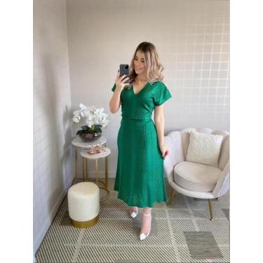 Imagem de Vestido Feminino Midi Manga Curta Trico Fio Raion Evase Decote V Moda 