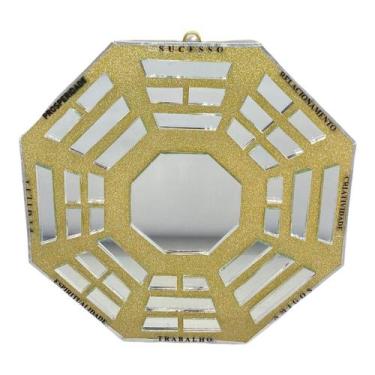 Imagem de Baguá Feng Shui de Vidro Espelhado Dourado Octogonal 16 cm - Lua Misti