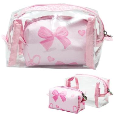Imagem de Conjunto de Nécessaires Cristal Godinho Lacinho Transparente e Estampada para Organização