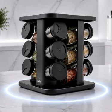 Imagem de Porta Tempero Giratório 360 graus  com 12 Potes de Vidro com Tampa Organizador para Cozinha Preto