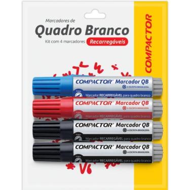 Imagem de Pincel para Quadro Branco Compactor QB Recarregável Kit 4 Unidades 2 Preto e 1 Azul e 1 Vermelho