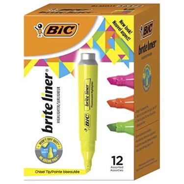 Imagem de BIC Marca-texto Brite Liner, estilo regata, ponta de cinzel, caixa com 12 marcadores fluorescentes sortidos