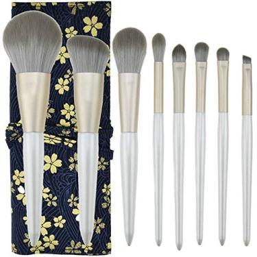 Imagem de Conjunto de pincéis de maquiagem 8 peças de pincéis profissionais de maquiagem, cerdas sintéticas naturais macias e sem odor, para pó facial blush kit de ferramentas (azul)