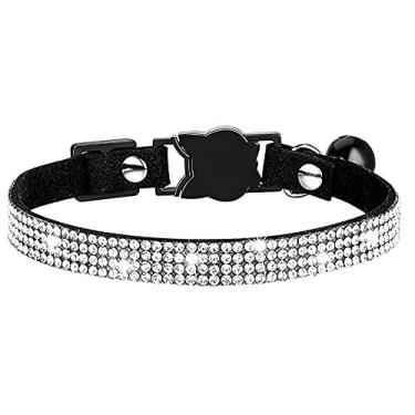 Imagem de Colar de cachorro com strass Pimaodog, lindo colar de couro de camurça macia espumante coleira de cachorro gato com sino colar de veludo macio com joias para meninas (Preto)