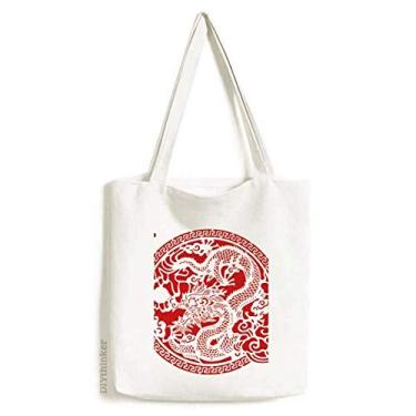 Imagem de Bolsa de lona abstrata de dragão vermelho chinês bolsa de compras bolsa casual