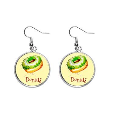 Imagem de Aquarela pintada à mão verde rosquinha sobremesa brinco pendente prata joia feminina