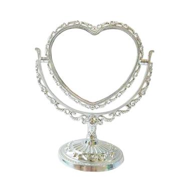 Imagem de shamjina Espelho de maquiagem de mesa, espelho de vaidade de mesa, rotação de 360 graus, espelho de plataforma de rotação, espelho de suporte de mesa para, Formato de coração prateado