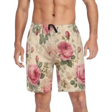 Imagem de CHIFIGNO Calça de pijama para homens, pijama curto de treino com bolsos e cordão, Rosas rosa retrô em bege, M