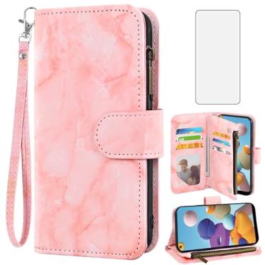 Imagem de Asuwish Capa de celular para Samsung Galaxy A21 carteira com protetor de tela de vidro temperado e suporte para cartão de crédito flip de couro mármore 21A 2020 feminino masculino rosa