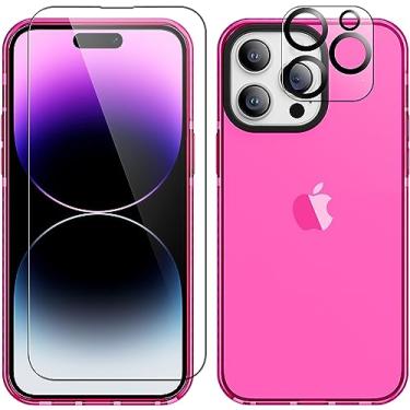 Imagem de ROYBENS Capa para iPhone 15 Pro, capa de telefone transparente neon com protetor de tela de vidro + acessórios de protetor de lente de câmera para mulheres meninas, capa protetora fina de silicone fofa para 15 Pro de 6,1 polegadas, rosa-choque