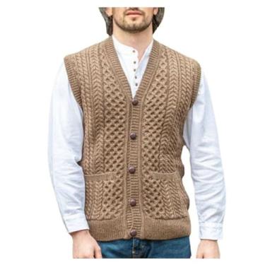 Imagem de Cardigã masculino sem mangas slim cor sólida suéter torcido botão gola V colete elástico, Marrom, G