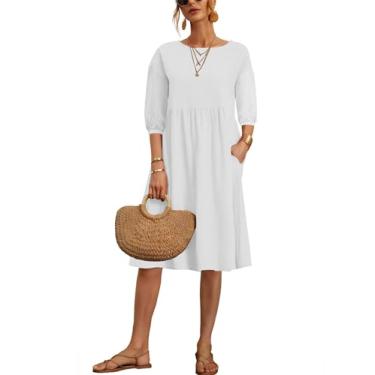 Imagem de Larmliss Vestidos de verão para mulheres 2024 casual confortável algodão gola redonda manga 3/4 túnica praia comprimento até o joelho, Branco curto., 3G