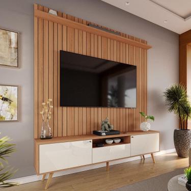 Imagem de Rack Com Painel Sevilla Efeito Ripado 3d Para Tv Até 70 Polegadas 183cm Jequitibá/Off White Perolizado