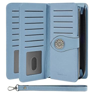 Imagem de Travelambo Carteira feminina com bloqueio de RFID, porta-cartões de crédito, carteira de couro de grande capacidade, Azul claro, One Size, Retrô