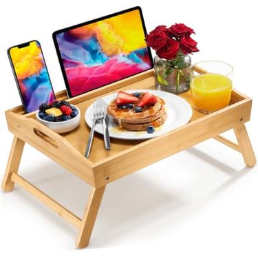 Imagem de Bandeja de mesa de cama com pernas dobráveis, suporte e alças para laptop - Bandeja de café da manhã bandeja de cama de bambu para comer, sofá, cama, bandejas de comida para comer no sofá, lanches e