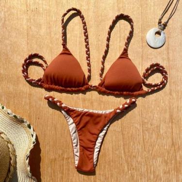 Imagem de Biquíni Cor Terra Egípcia com Bege Cortininha  Dupla Face com Bojo mal