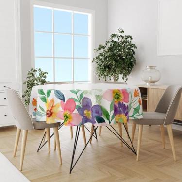 Imagem de Toalha De Mesa Redonda Tecido Oxford Verde Claro Flores Coloridas Aqua