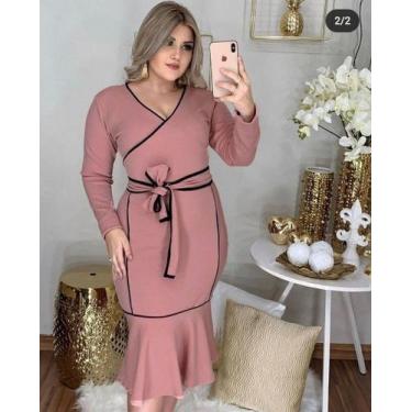 Imagem de Vestido Midi Plus Size Viés Transpassado Manga Longa - Miss Flower, Ro