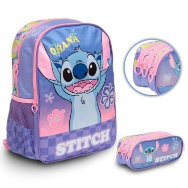Imagem de Kit Mochila Infantil Stitch Feminina Costas Juvenil Lilás - Plike