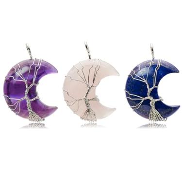 Imagem de Flemtai Pingente crescente de pedra natural, conjunto de 3 (46 x 29 mm) árvore da vida amuleto de pedra preciosa para colar de joias, Ametista, quartzo rosa, lápis-lazúli, pedra semipreciosa