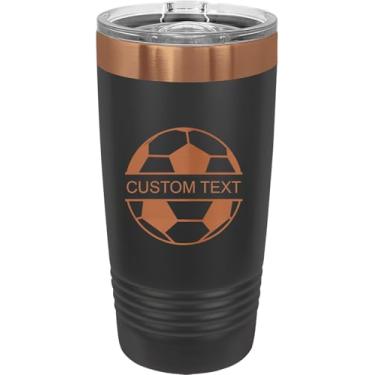 Imagem de Futebol - Adicione seu nome, copo de aço inoxidável personalizado gravado a laser 590 ml café de viagem preto/ouro rosa banhado a íon parede dupla carro caminhão anel caneca personalizável, tampa