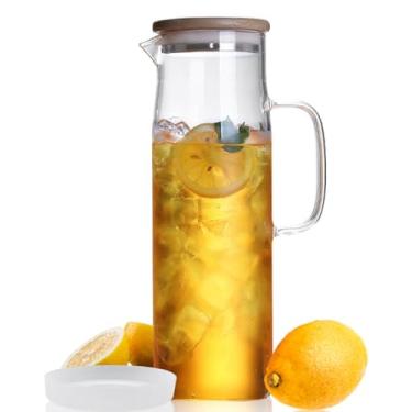 Imagem de hjn Jarro de água de vidro com tampa, jarra de vidro com alça, jarra de água de geladeira para bebidas frias ou quentes, chá gelado, leite, suco, 1500 ml e tampa de bambu