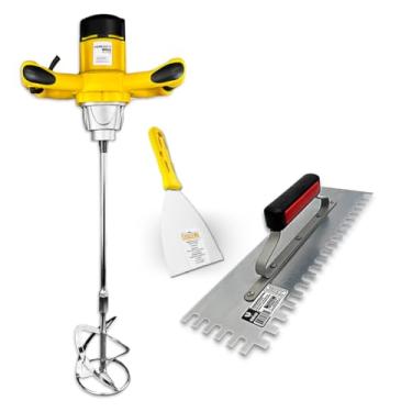 Imagem de Misturador 1200w Para Tinta Gesso Argamassa Cimento C/Desempenadeira Galo 307-04 Dentada Espátula Inoxidável Evolution 10 cm (4") Profissional Kit - 220V