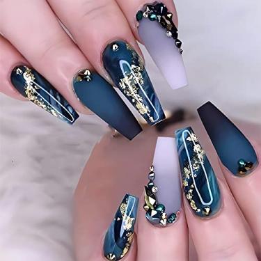 Imagem de RTKHFZE Unhas Postiças De Caixão De Pressão Longa, Mármore Francês Com Glitter, Strass, Cola Em Bastão Fosco, Artificial Para Mulheres, 24 Peças