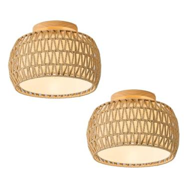 Imagem de ALAISLYC 2 Pacotes Boho Rattan Flush Mount Luzes De Teto 12 Polegadas Luminárias De Teto De Fazenda Vime Rústico Gaiola De Corda Tecida À Mão Para Sala De Jantar Cozinha Quarto Hall De Entrada Corre
