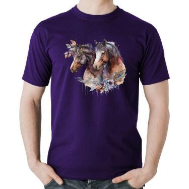 Imagem de Camiseta Algodão Casal de cavalos e flores - Foca na Moda, Roxo, GG