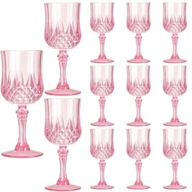 Imagem de XKXKKE 12 peças de copos de vinho de plástico rosa, taças de água de plástico para festas, copos de bebida com haste para recepção de casamento, suprimentos de bar de festa para grandes eventos, copos