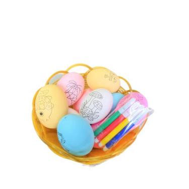 Imagem de Kit Páscoa 2 Cestinhas c/ 10 Ovos 4 Canetinhas para Colorir - Genérica