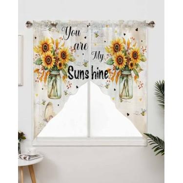 Imagem de Cortinas de saia de girassol, vintage borboleta amor coração bolso haste saia cozinha saia recortada swag cortinas para sala de estar banheiro janela, 1 par, 71 cm L x 91 cm C