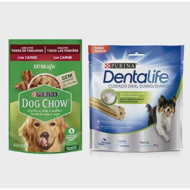 Imagem de Kit 15 Un Ração Úmida Dog Chow Adultos Todos Tamanhos Carne 100g + Petisco Purina Dentalife