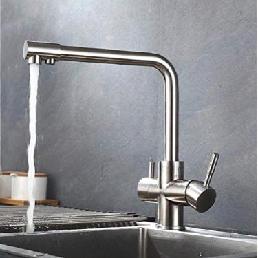 Imagem de wang hao shop Torneiras, torneiras de pia de cozinha, torneira de cozinha moderna, torneira de cozinha de 3 vias com filtro de água, torneiras de água potável de alça dupla 3 vias, torneira