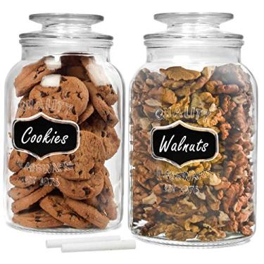 Imagem de estilo Potes redondos de vidro com tampas herméticas, ideais para biscoitos, doces, cereais, inclui etiquetas de quadro-negro e giz de 1,2 l (conjunto com 2), transparente
