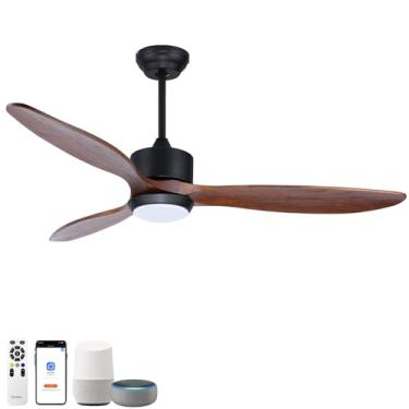Imagem de Ventilador de teto de LED de 132 cm da Ovlaim com ventilador de teto de madeira clara com controle remoto, 3 cores, mudança para sala de estar, quarto, Moderno, Marrom, 52 Inch