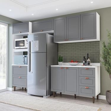 Imagem de Cozinha Pérola 4 Peças Torre Quente Basculante Aéreo 3 Portas E Balcão 2 Gavetas 3 Portas Com Tampo Branco-cinza