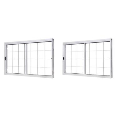 Imagem de Kit Com 2 Janelas De Aço De Correr Lateral 100x120cm 2 Folhas Com Grade Quadruculada Vidro Liso Branco