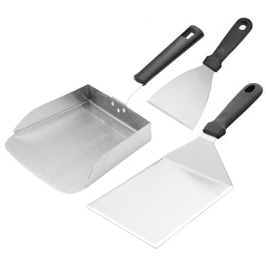 Imagem de Conjunto de espátula grande para chapa com hambúrguer e pá para churrasco, lâmina chanfrada, bordas chanfradas para cozinha tipo Hibachi