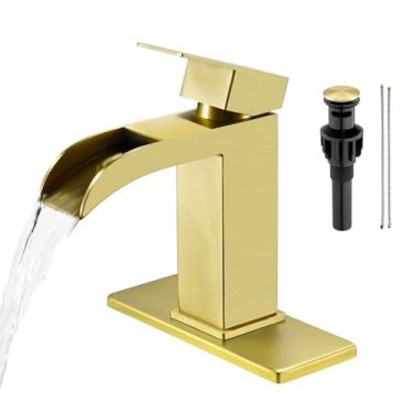 Imagem de Faustina Glod Torneira de banheiro cachoeira 1 furo único manípulo, bico aberto largo cachoeira torneira de banheiro com ralo pop-up, torneira de pia utilitária de aço inoxidável RV torneira de