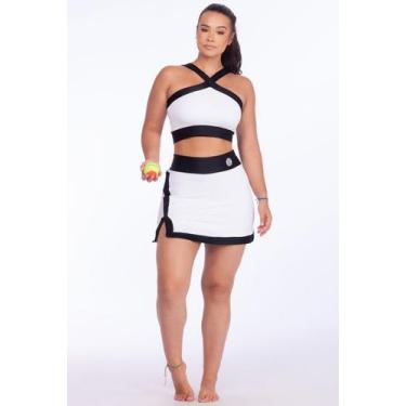 Imagem de Conjunto Beach Tennis Bicolor Tecido leve Canelado Short Saia Cintura 