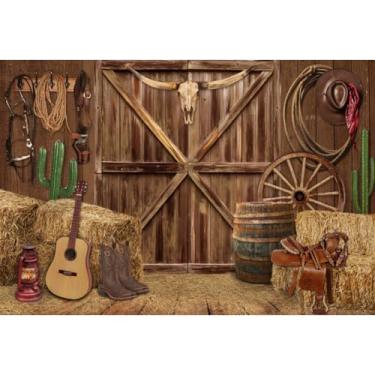 Imagem de Yeele 3 x 2,4 m Wild West Cowboy pano de fundo rústico vintage marrom tábua de madeira celeiro palheiro cacto fundo de fotografia ocidental para cowboy artigos de festa de aniversário retrato adereço