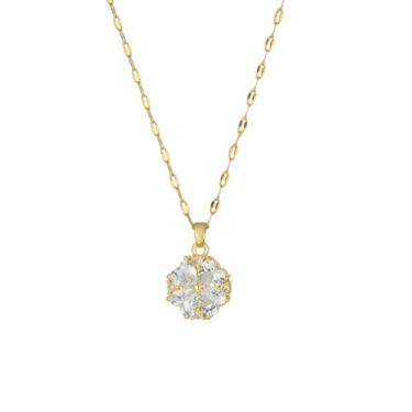 Imagem de Colar feminino com pingente de folha de trevo de coração com strass banhado a ouro 14 K, delicado redondo, 4 folhas, corrente de elos de flor, elegante, aniversário, aniversário, aniversário, presente